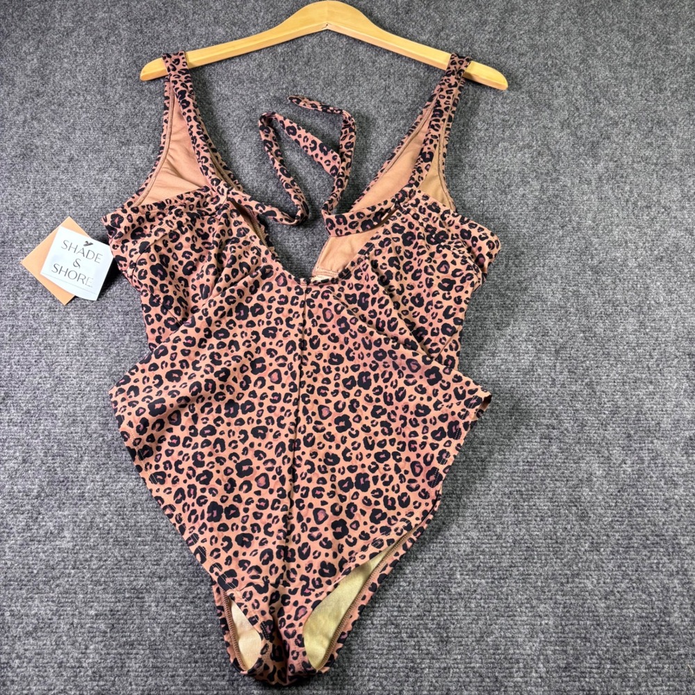 Shade & Shore One Piece Swimsuit Women L Brown Leopard Tummy Control NWT Plunge - Picture 2 of 6